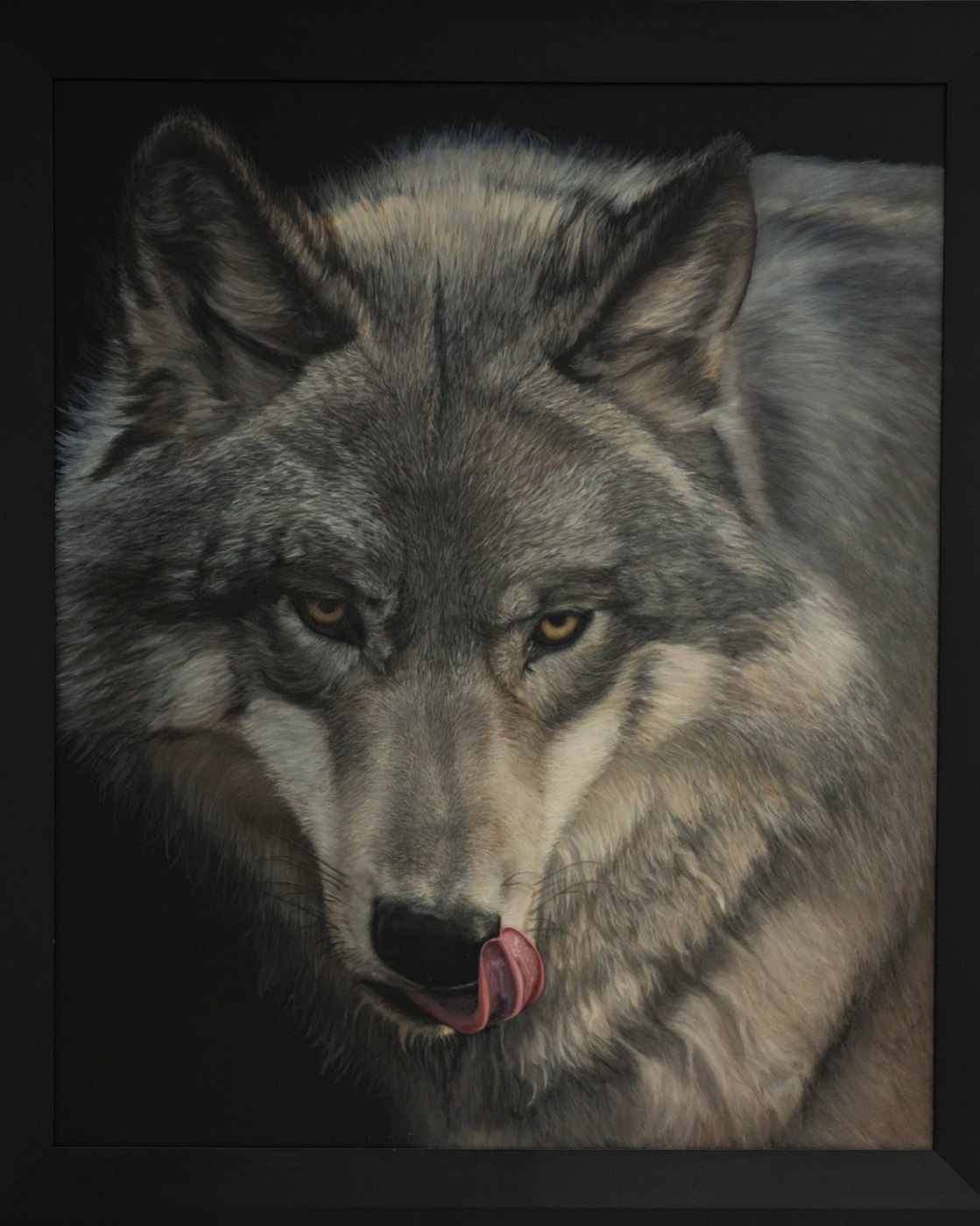 The First Witness — wolf oil painting in black frame by Elana Kamaeva
