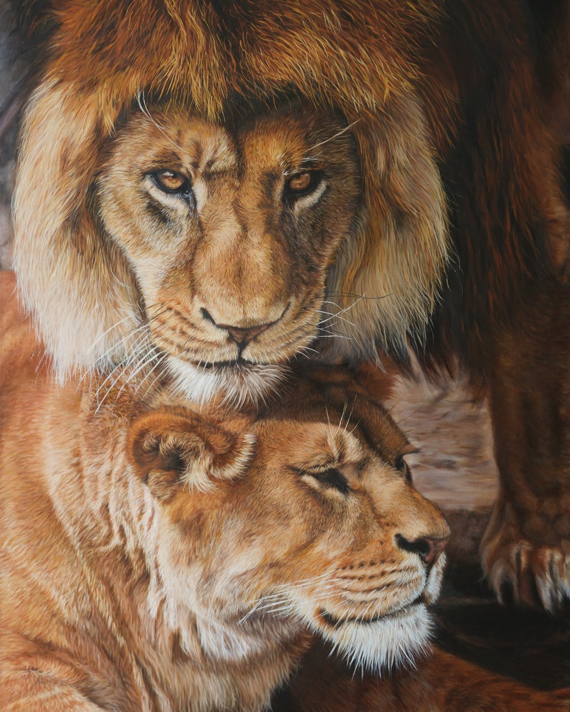 Under the Mane — lion and lioness oil painting by Elana Kamaeva